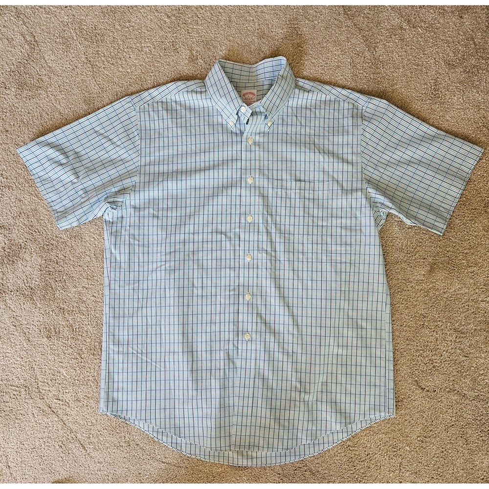 Brooks Brothers Button Down Short Sleeve Shirt Mens L Blue Plaid Supima Cotton